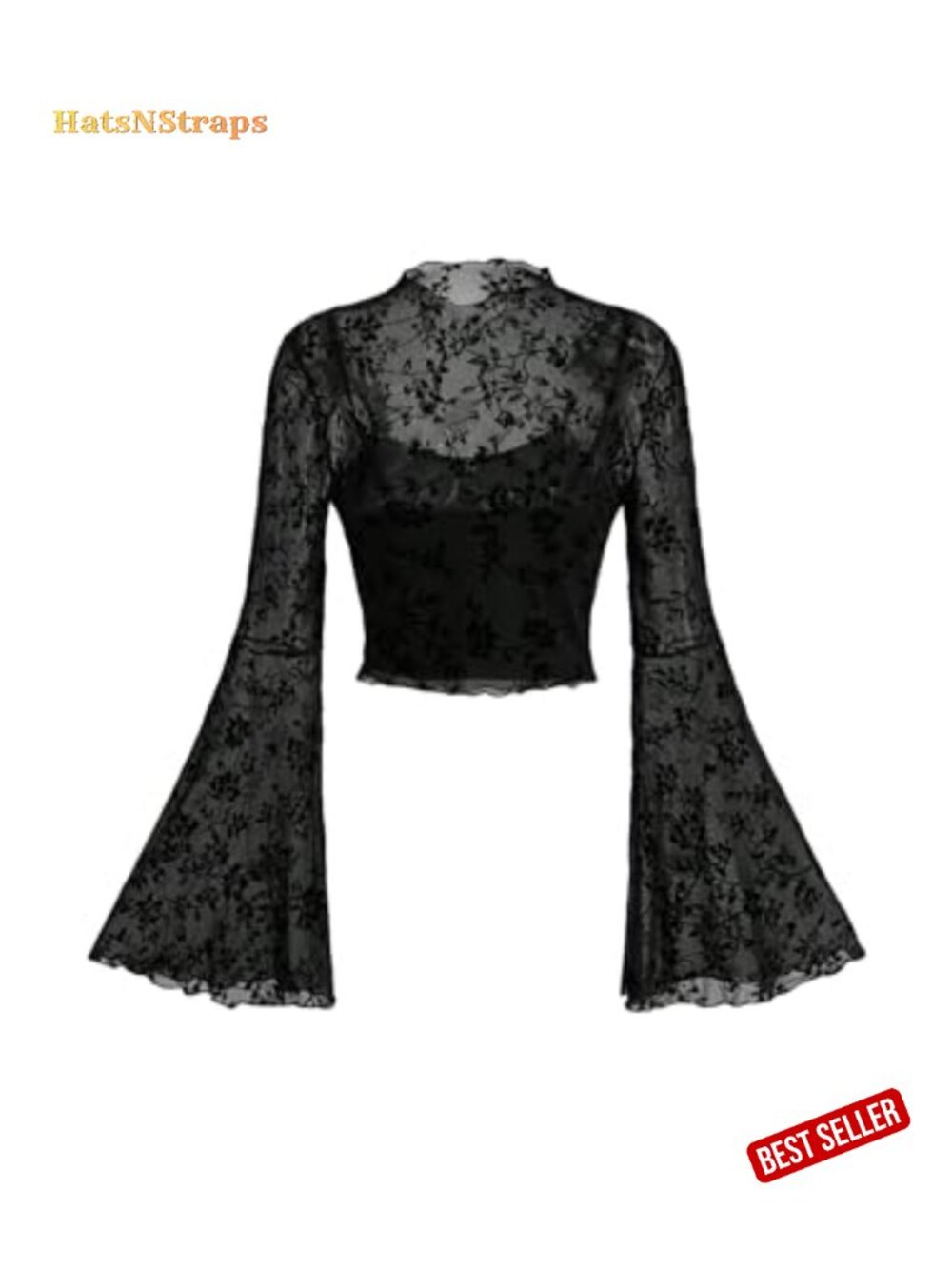 Gothic Mesh Bell Sleeve Crop Top Floral Print Concert Outfit